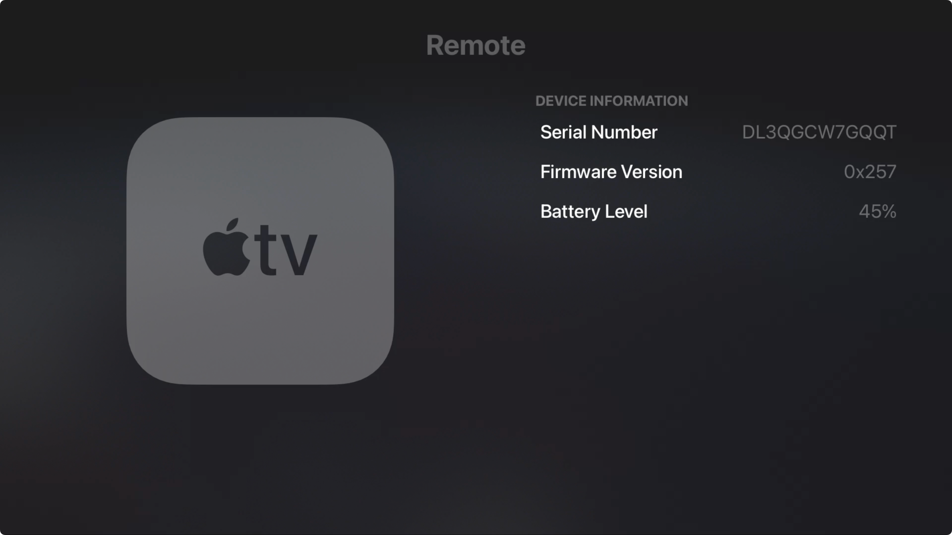 Apple TV remote battery information screen.