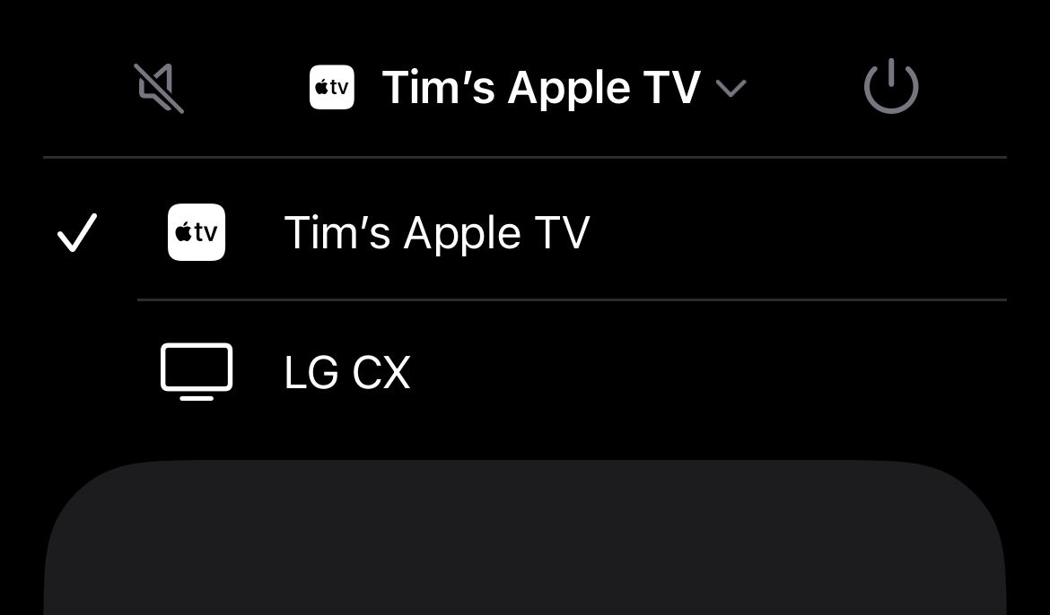 Selecting an Apple TV to control in the iPhone Remote app.