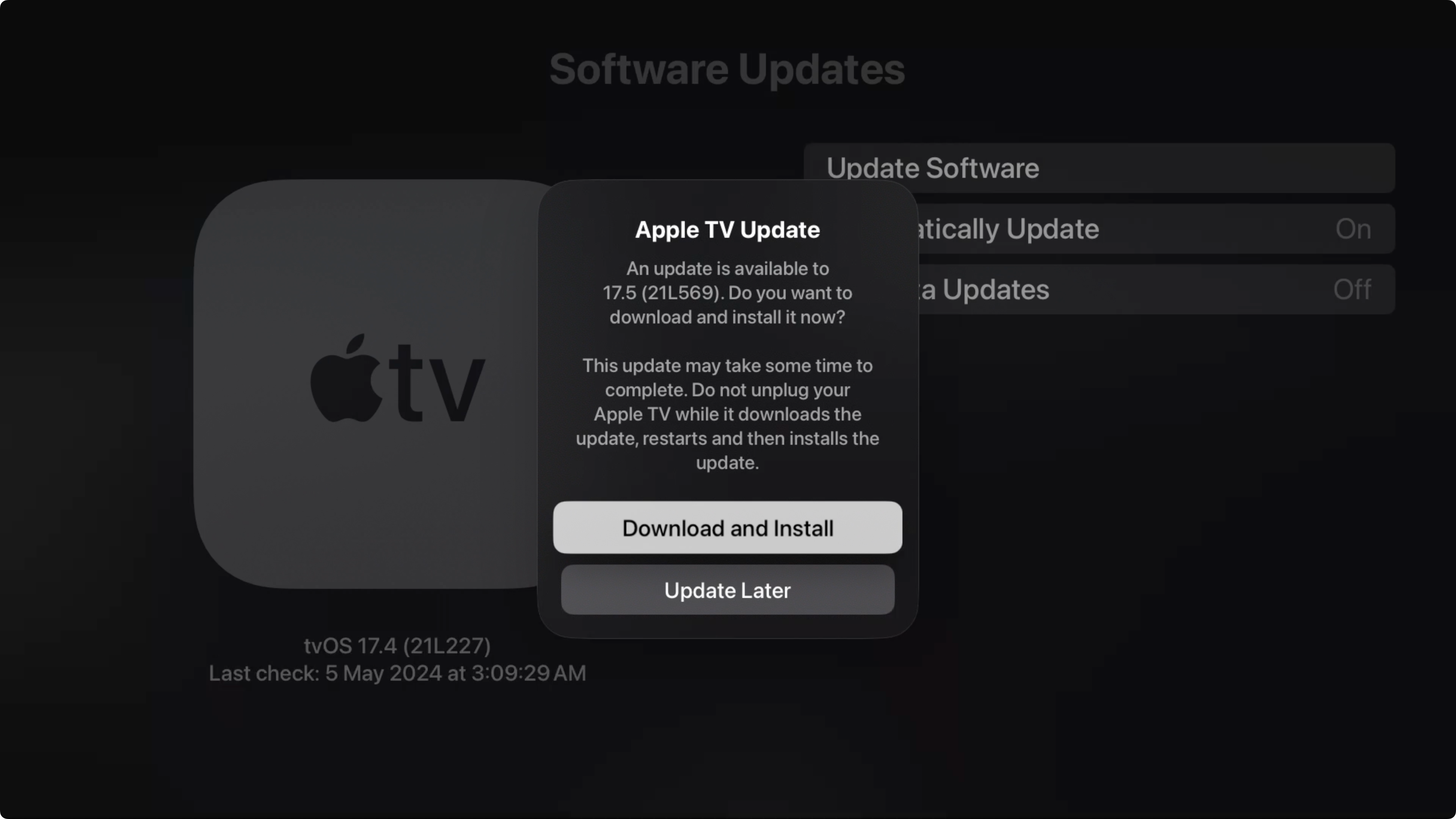 Updating the tvOS software on an Apple TV.