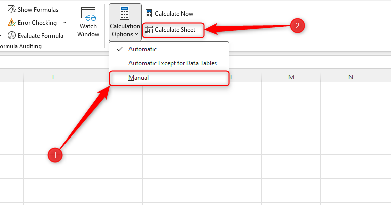 An Excel worksheet with the Calculation Options drop-down open, 'Manual' highlighted as step 1, and 'Calculate Sheet' highlighted as step 2.