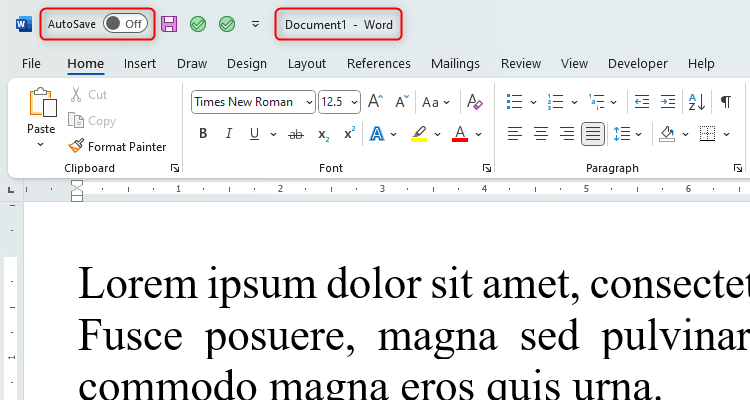 A Microsoft Word document that hasn't been saved, with the file name Document1 and AutoSave turned off.