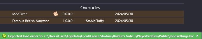 BG3 mod export success message.