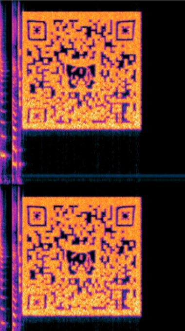 A screenshot of the spectrogram contained in a song from the latest album by Bring Me The Horizon. The QR code leads to a hidden website with Easter eggs for fans.