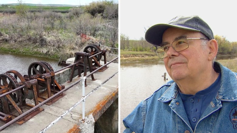 A collage is pictured of a man wearing a hat and a historic project.