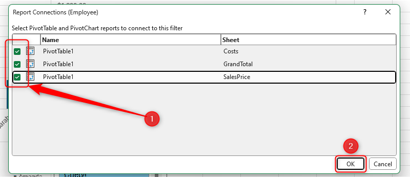 The slicer's Report Connections dialog box in Excel, with all PivotTables selected.