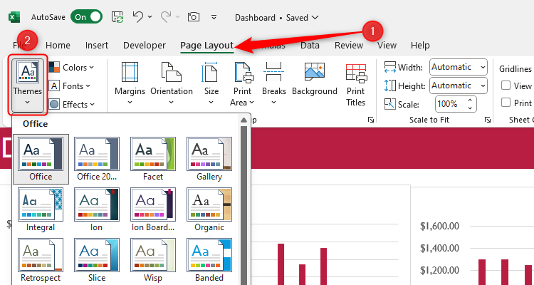 The Theme menu in Excel, accessed through the Page Layout tab.