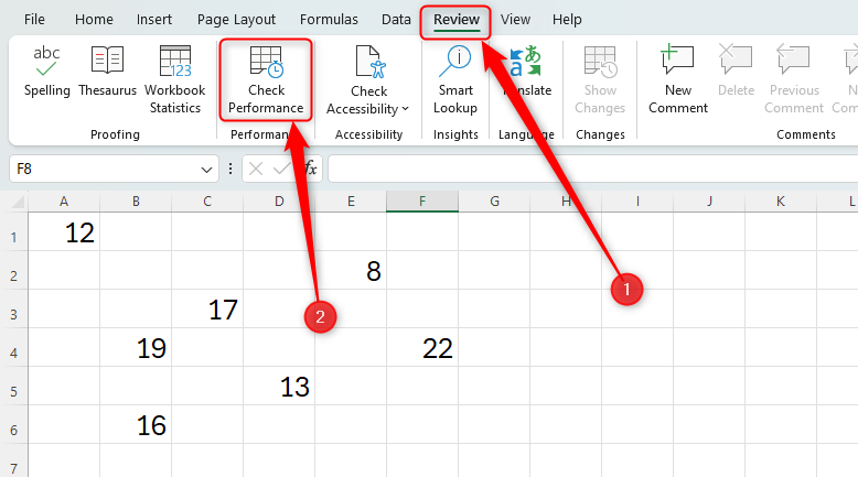 An Excel workbook with the Check Performance button in the Review tab highlighted.