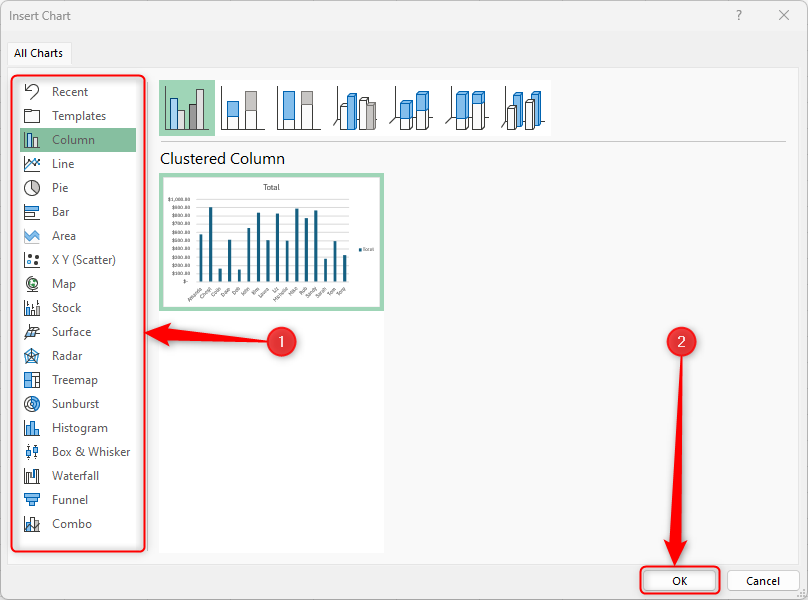Excel's Insert Dialog box with the different types of charts highlighted on the left and the OK button highlighted at the bottom.