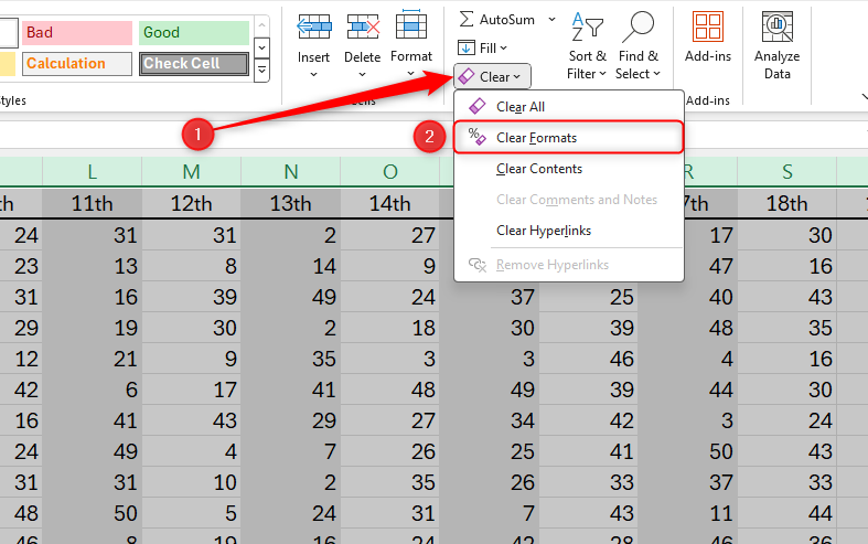 An Excel worksheet with the 'Clear Formats' option highlighted.