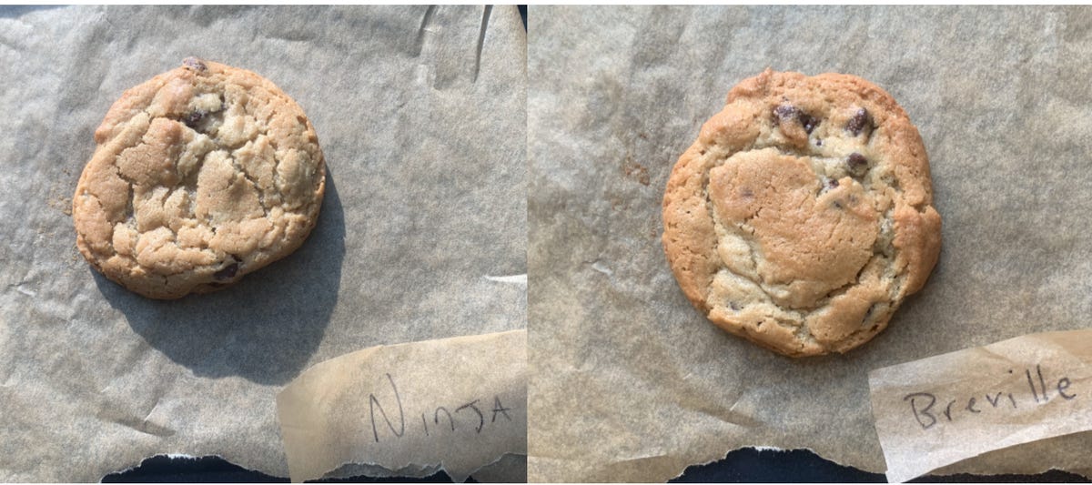 Two cookies side-by-side from a baking test. 