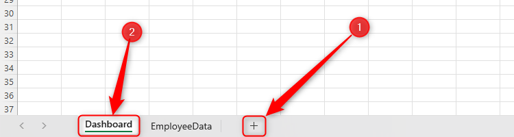 An Excel workbook with a new tab called 'Dashboard.' The '+' symbol is highlighted to demonstrate where to click to add a new sheet.