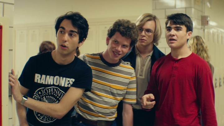 Four teen boys stand in a hallway in My Friend Dahmer.