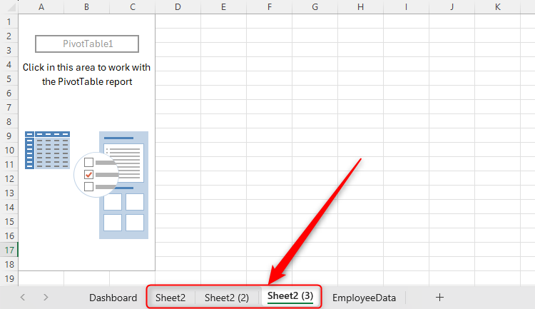 An Excel workbook with three new sheets, all of which contain a PivotTable area.