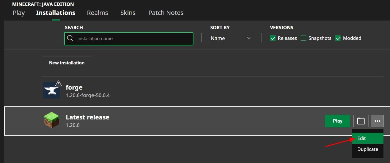 Edit option in the Installations tab.