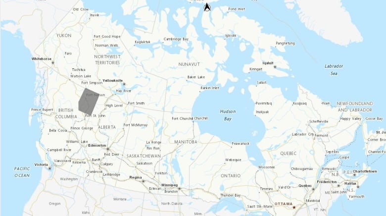 A map of Canada with one grey square over northeast B.C.