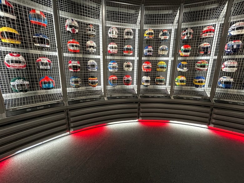 Race helmets at the F1 Exhibition.