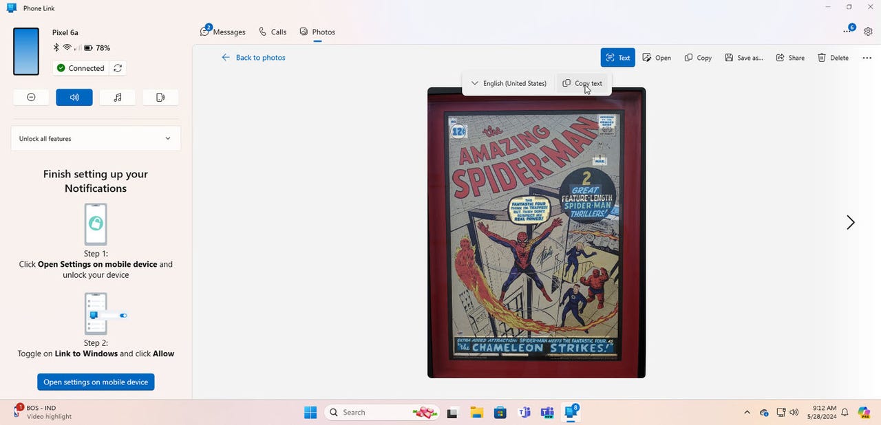 Microsoft's Phone Link copying text in an image