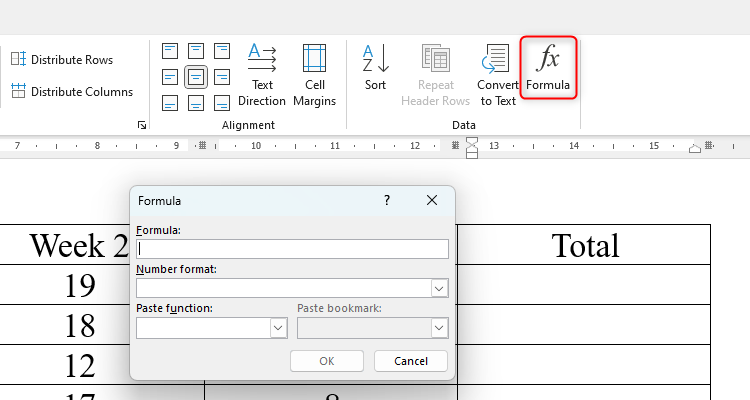 A table in Microsoft Word with the Formula button highlighted and the Formula dialog box on screen.