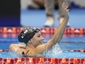 Summer McIntosh of Canada celebrates after winning the women's 400m medley final at the World Swimming Championships in Fukuoka, Japan, Sunday, July 30, 2023.