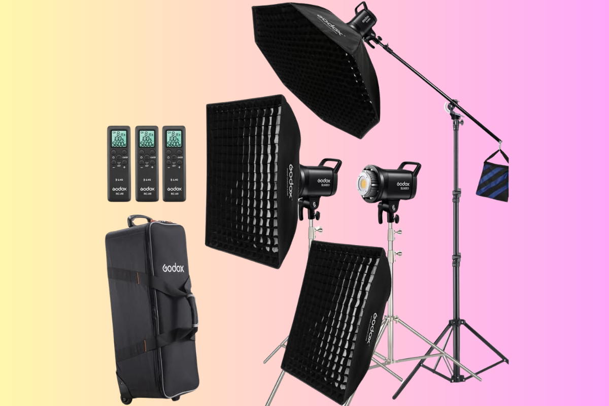 Godox Lighting Kit Product Shot showing all components such as the lights, stands, and travel case