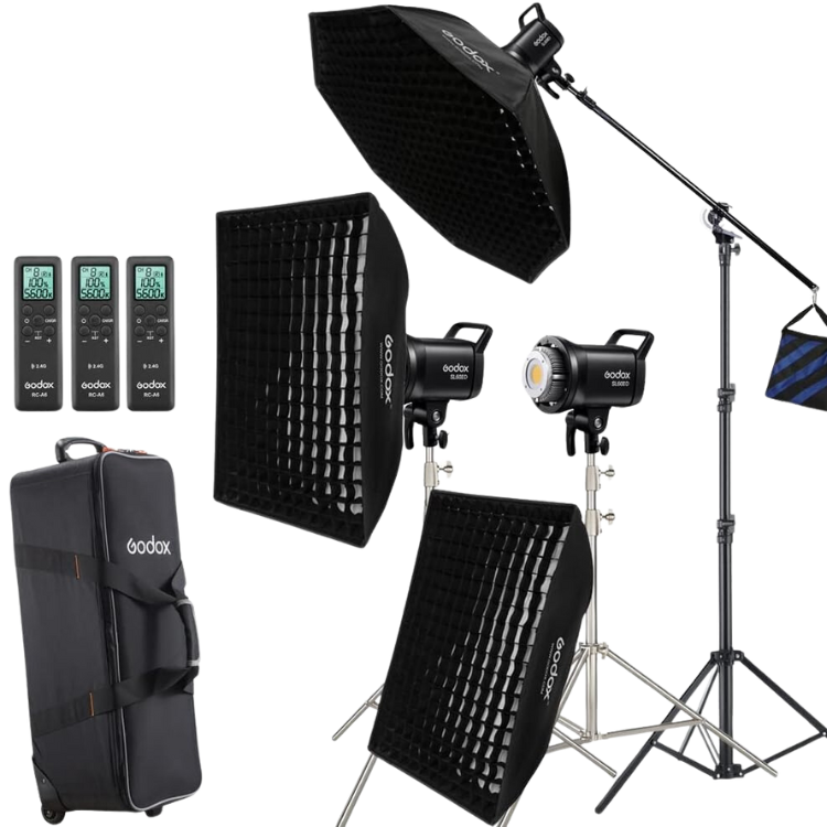 Godox Lighting kit on a white background showing the lights, stands, travel case and various accessories