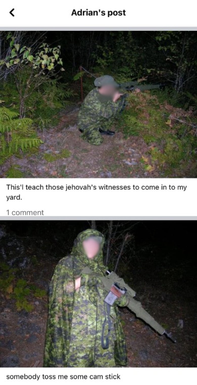 A screenshot of photos posted on social media show a person in green camouflage and holding a weapon, accompanied by a caption referring to Jehovah's witnesses that reads 'this will teach the jehovah's witnesses to come into my yard