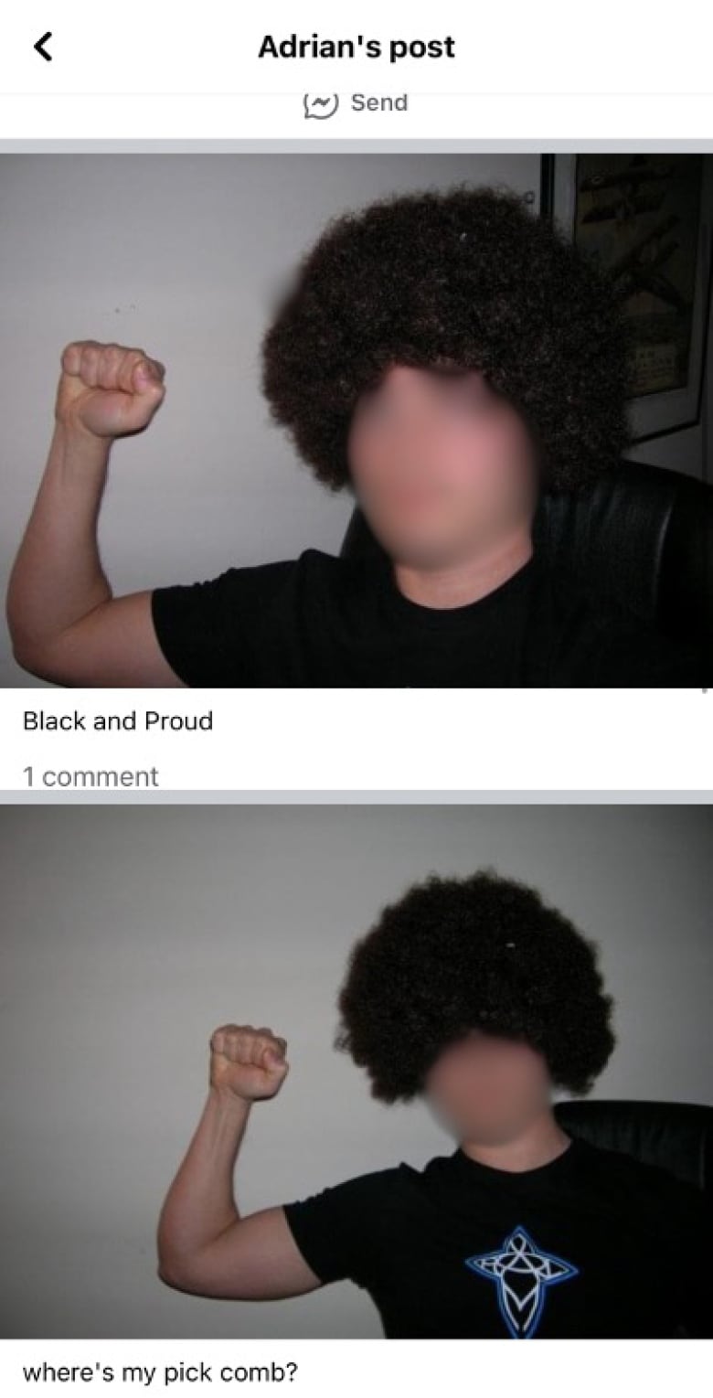 Photos that the Heiltsuk Tribal Council allege are from the Facebook account of Const. Adrian Robinson show a person who does not appear to be Black wearing what appears to be an afro wig.