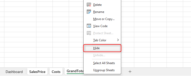 Three tabs in Excel are selected and the 'Hide' option, accessible by right-clicking one of the selected tabs, is highlighted.