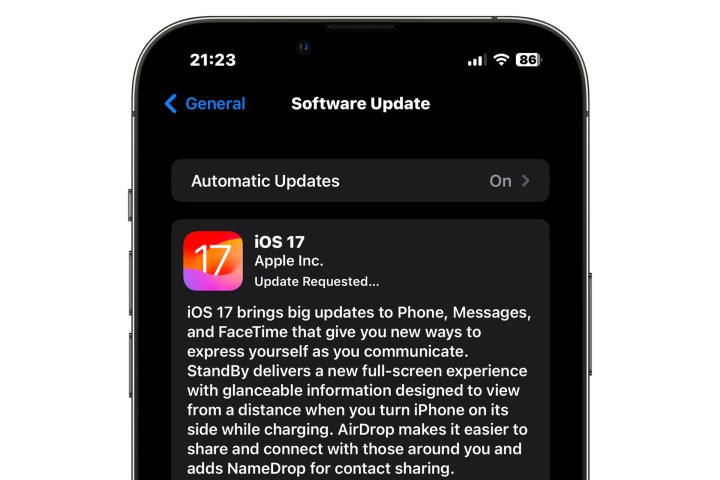 iPhone Showing iOS 17 Update Requested screen.