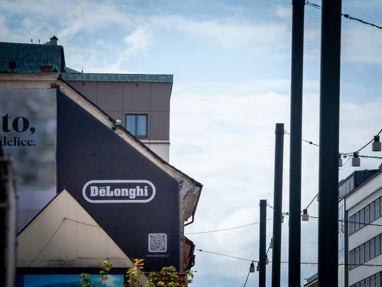 Logo of Delonghi on their main retailer for Slovenia in Ljubljana. De Longhi is an italian home and kitchen appliance manufacturer known for coffee machines.