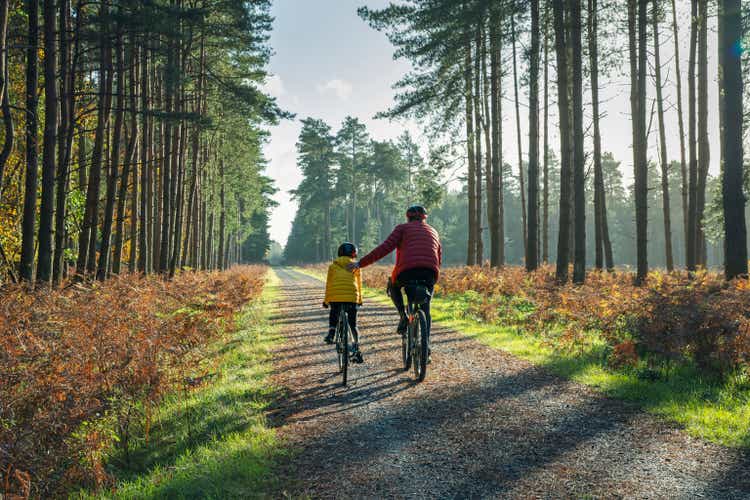 Rear view of a young girl cycling in the forest with her father on a beautiful autumnal sunny day