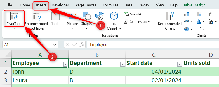 An Excel worksheet with the Insert option on the ribbon and the Pivot Table button highlighted.