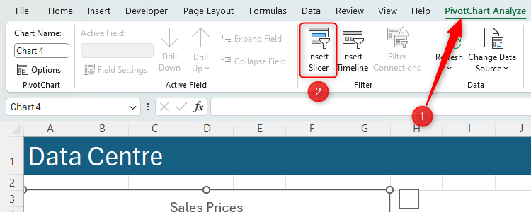 The Insert Slicer icon in the PivotChart Analyze tab is highlighted.
