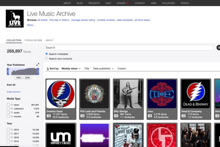 Screenshot showing Internet Archive's live music archive. 