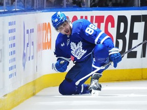 Toronto Maple Leafs' William Nylander (88) celebrates his goal against the Boston Bruins during third period action in Game 6 of an NHL hockey Stanley Cup first-round playoff series in Toronto on Thursday, May 2, 2024.