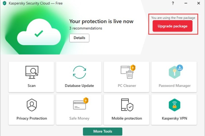 Kaspersky security menu screen.