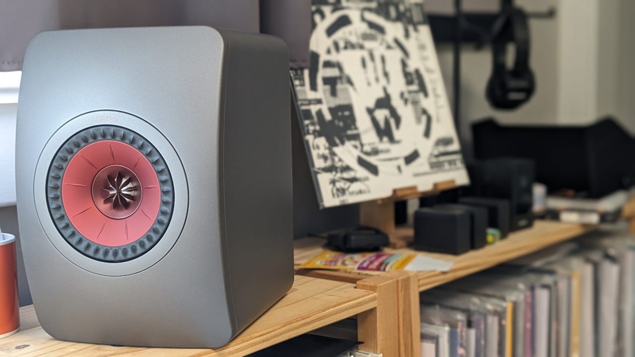 A KEF LS50 Meta bookshelf speaker.