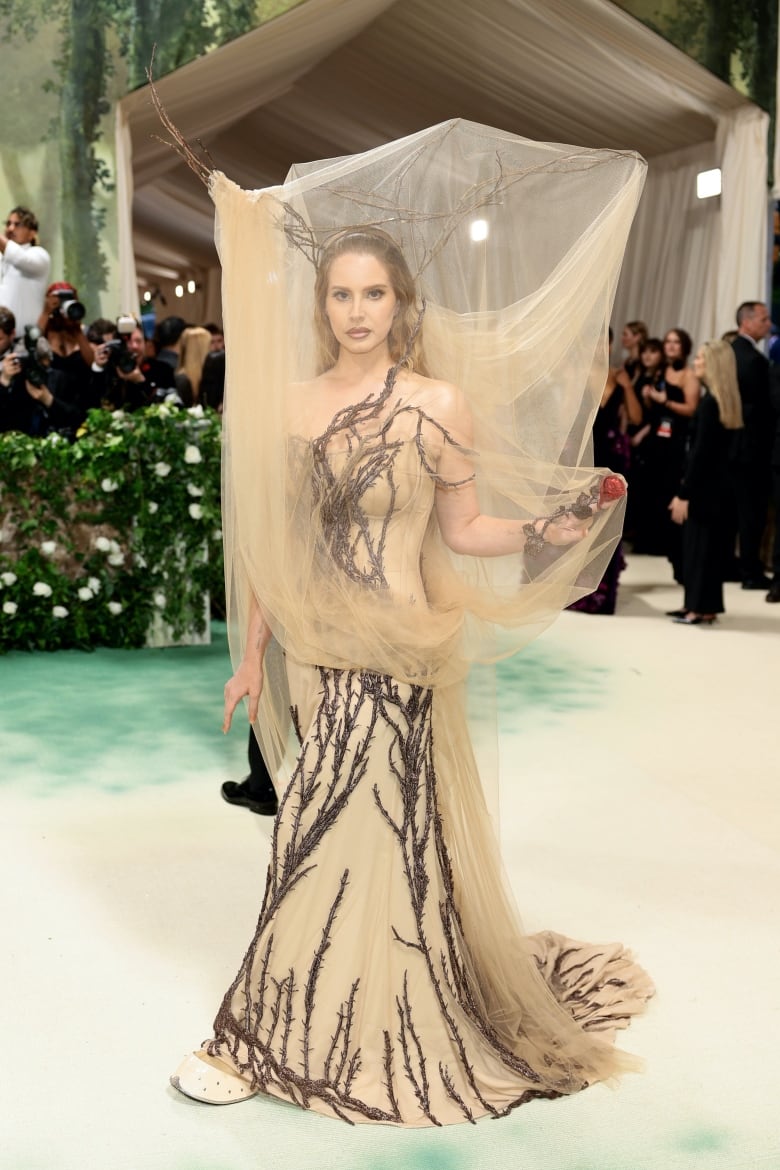 Lana Del Rey on the Met Gala red carpet wearing a beige corseted dress with branches on it and a sculptural branch headpiece with a sheer tulle veil over it. 