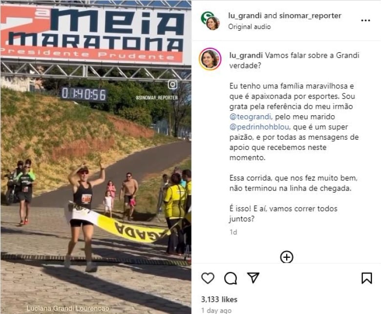 An instagram post  shows a woman  crossing the finish line of a race