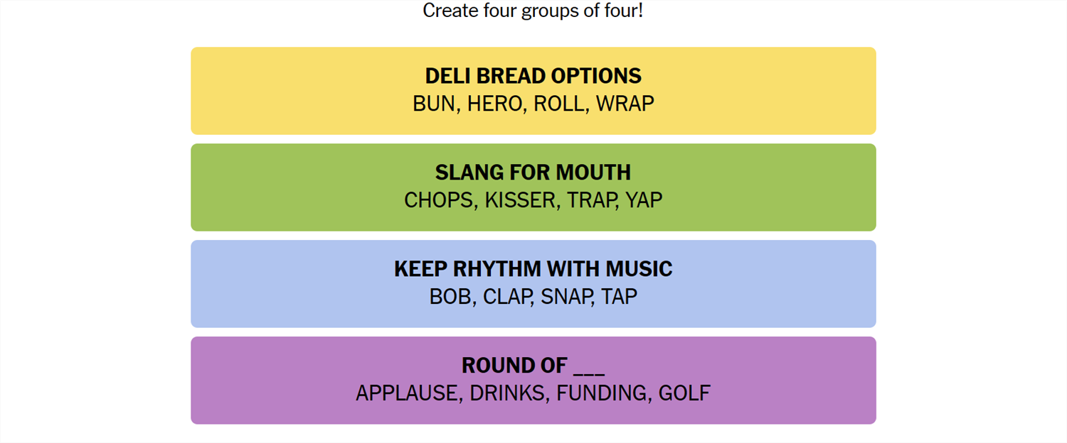 The groups and words for the 331st Connections game. 