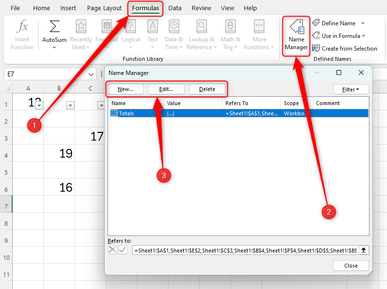 An Excel workbook with the Name Manager open and the 'New,' 'Edit,' and 'Delete' buttons highlighted.