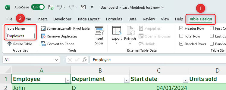 An Excel table with the Table Name area in the Table Design tab highlighted. The word 'Employees' has been typed into the Table Name box.