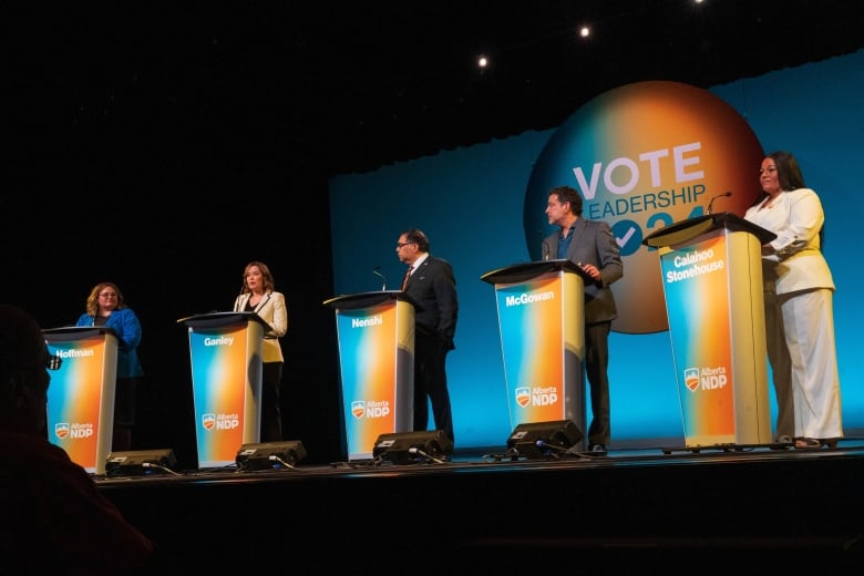 Five leadership candidates stand behind podiums on a debate stage.