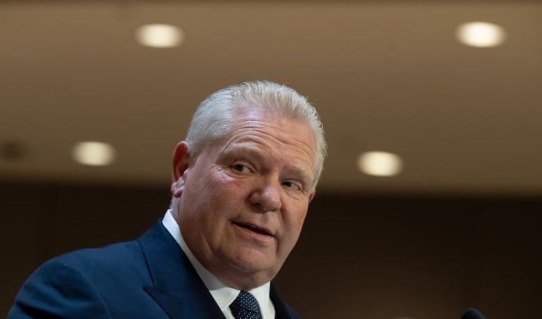 Close up of Ontario Premier Doug Ford at a news conference.