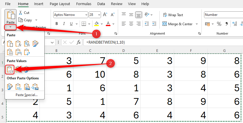 A set of numbers in Excel, generated by the RANDBETWEEN function, and the 'Values' option under the Paste icon is selected.