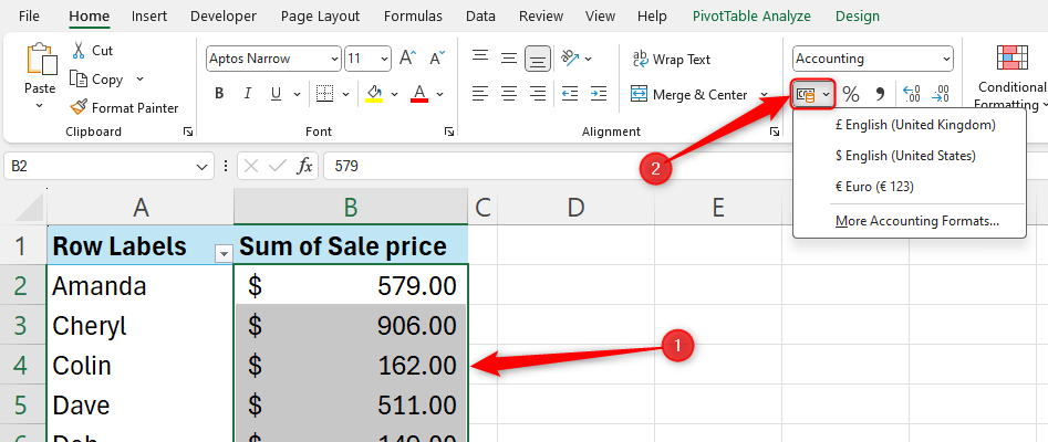 An Excel PivotTable with the numerical data changed to USD currency, accessed via the currency icon.