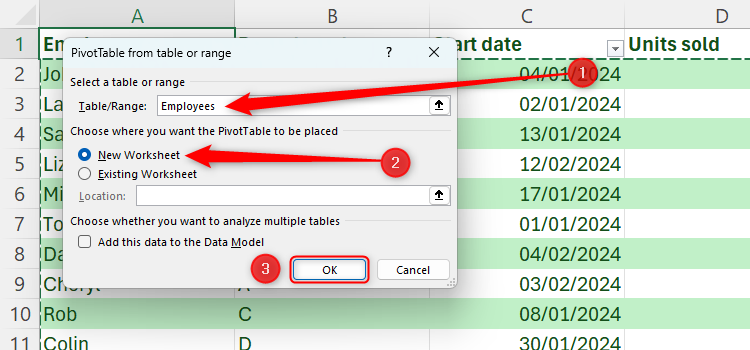 Excel's PivotTable dialog box, with the name of the table inserted into the Range field, the New Worksheet radio button checked, and the OK button highlighted.