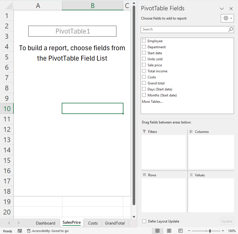An Excel PivotTable area on the left and the PivotTable sidebar on the right.