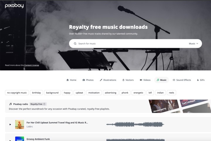 Screenshot showing Pixabay Music website.