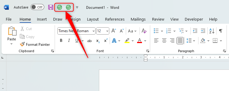 The QAT toolbar in Microsoft Word with two green tick icons.